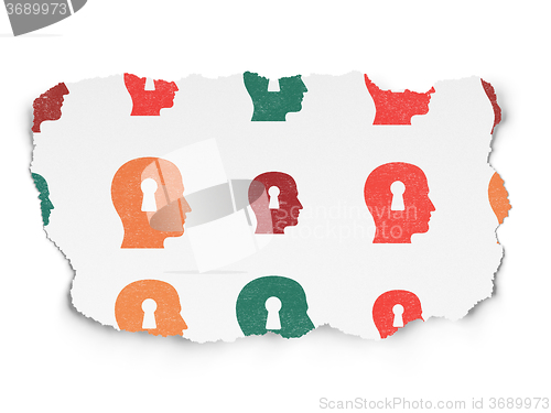 Image of Finance concept: Head With Keyhole icons on Torn Paper background
