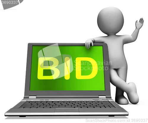 Image of Bid Laptop And Character Shows Bidder Bidding Or Auctions Online