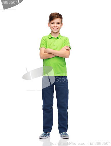 Image of happy boy in green polo t-shirt