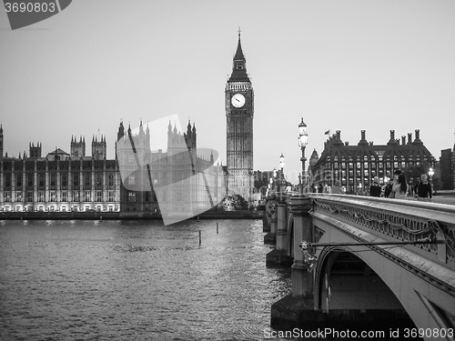 Image of Black and white Houses of Parliament in London