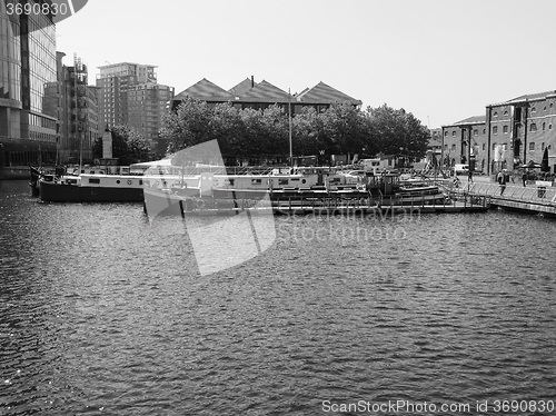 Image of Black and white West India Quay in London