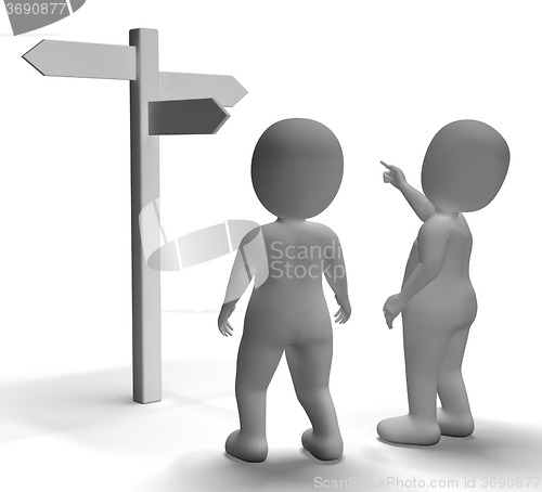 Image of Signpost With 3d Characters Showing Travelling Or Guidance