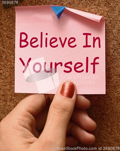 Image of Believe In Yourself Note Shows Self Belief