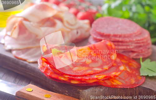 Image of sausages,ham and salami on board