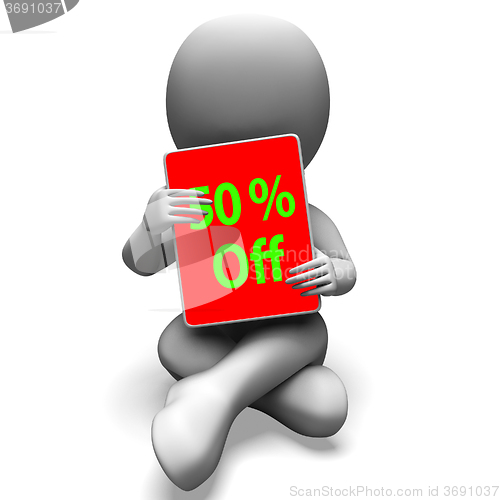 Image of Fifty Percent Off Tablet Means 50% Discount Or Sale Online