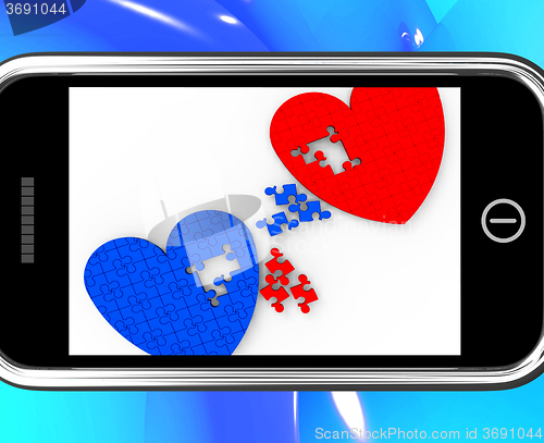 Image of Two Hearts On Smartphone Shows Marriage