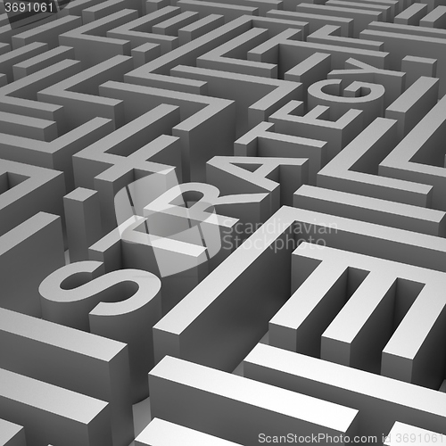 Image of Strategy Word In Maze Shows Blueprint Or Plan