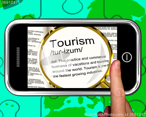 Image of Tourism Definition On Smartphone Shows Traveling Abroad