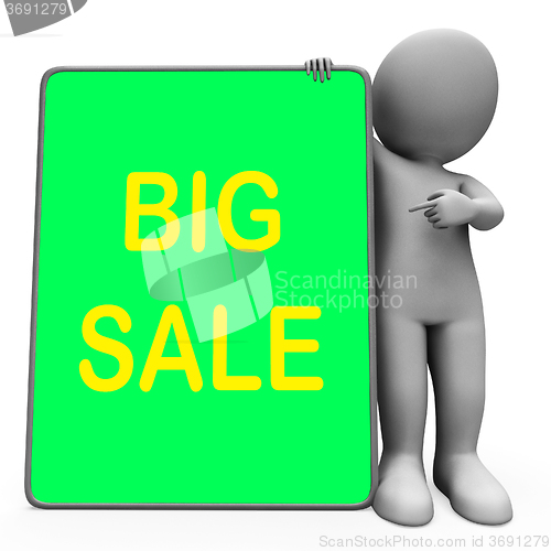 Image of Big Sale Tablet Character Shows Promotional Savings Or Discounts