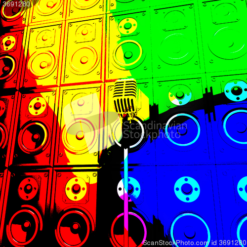 Image of Microphone And Loud Speakers Shows Live Music Performing Or Ente