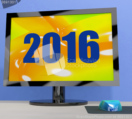 Image of Two Thousand And Sixteen On Monitor Shows Year 2016