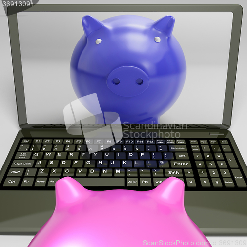 Image of Piggy On Screen Shows Internet Investment Savings