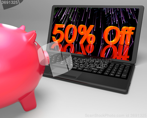 Image of Fifty Percent Off On Laptop Shows Bargains