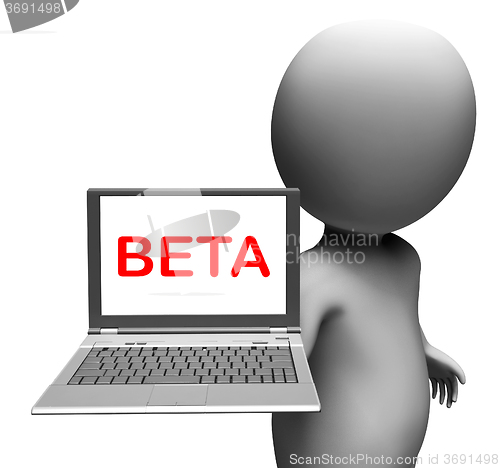 Image of Beta Character Laptop Shows Online Trial Software Or Development