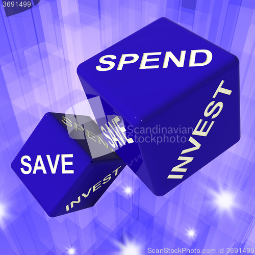 Image of Spend, Save, Invest Dice Background Shows Finances And Debts