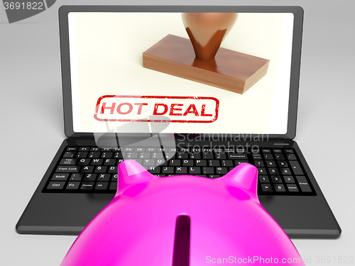 Image of Hot Deal Stamp On Laptop Shows Special Deal