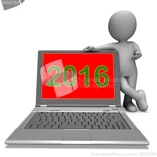 Image of Two Thousand And Sixteen Character Laptop Shows Year 2016