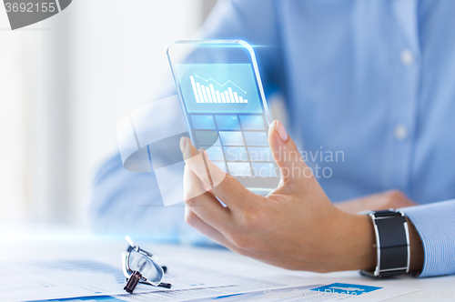 Image of close up of woman with transparent smartphone