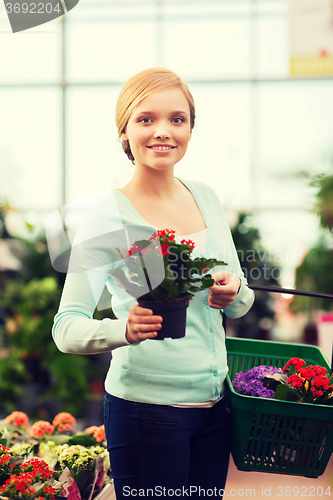 Image of happy woman with shopping basket choosing flowers