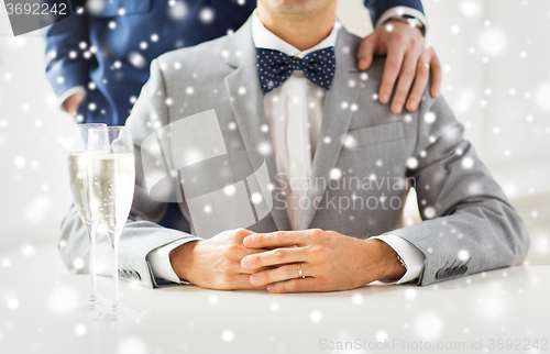 Image of close up of male gay couple with champagne glasses