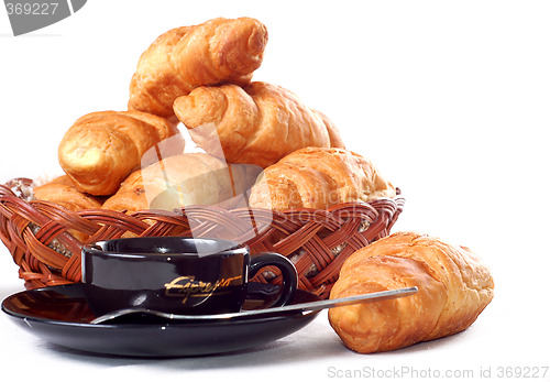 Image of cup of coffee with fresh croissants