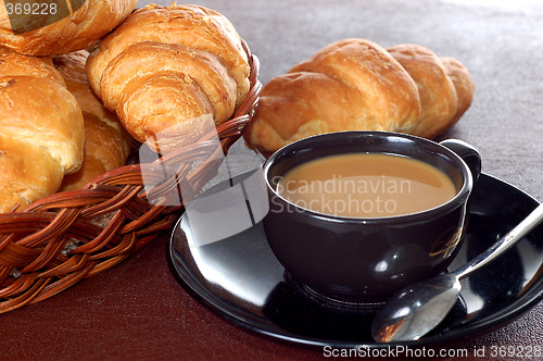 Image of cup of coffee with fresh croissants