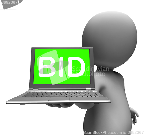 Image of Bid Laptop Character Shows Bids Bidding Or Auction Online
