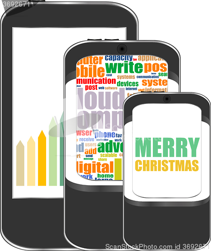 Image of Smart phone with Merry Christmas greetings on the screen, Vector holiday card