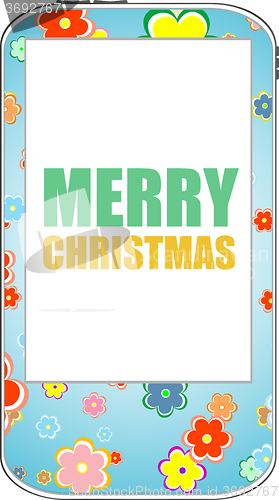 Image of Smart phone with Merry Christmas greetings on the screen, Vector holiday card