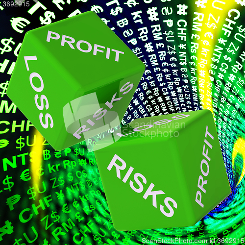 Image of Profit, Loss, Risks Dice Background Shows Risky Investments 