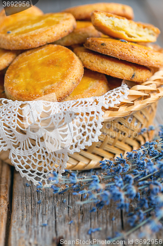 Image of Lavender cookies in a wicker basket.