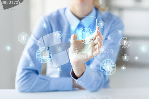 Image of close up of woman with transparent smartphone