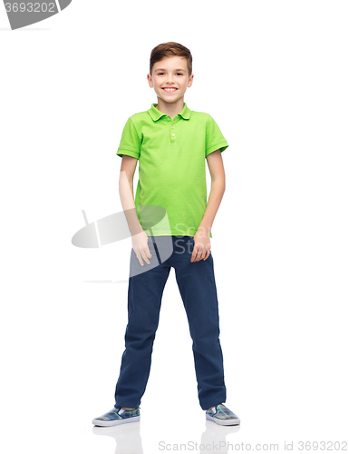 Image of happy boy in green polo t-shirt