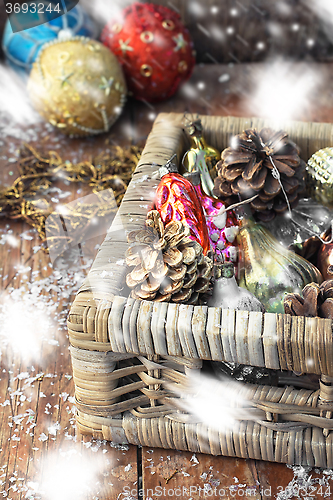 Image of Wicker basket with Christmas toys