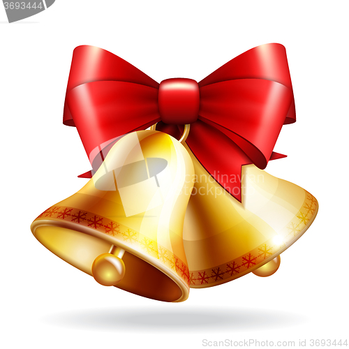 Image of golden bells with a red bow