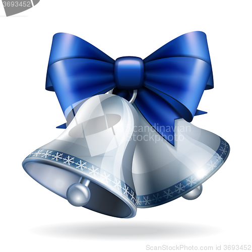 Image of Silver bells with blue ribbon. 