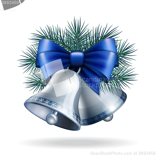 Image of Silver bells with blue ribbon. 