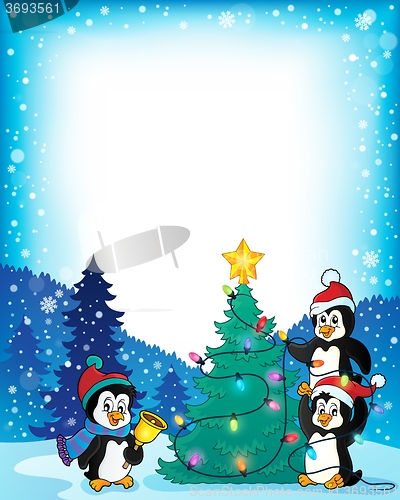 Image of Frame with penguins and Christmas tree