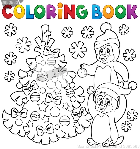 Image of Coloring book penguins by Christmas tree