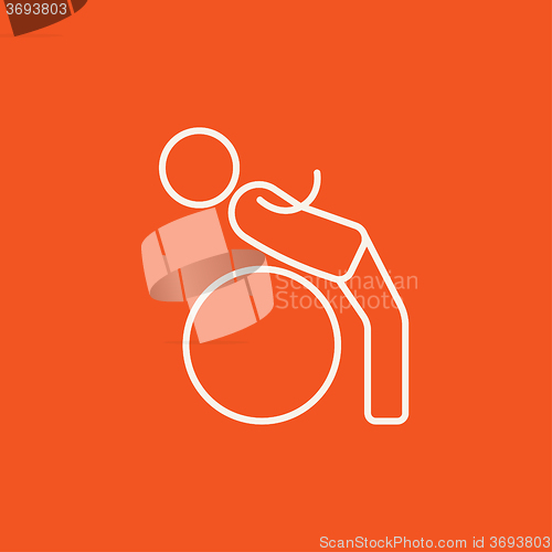 Image of Man doing exercises lying on gym ball line icon.