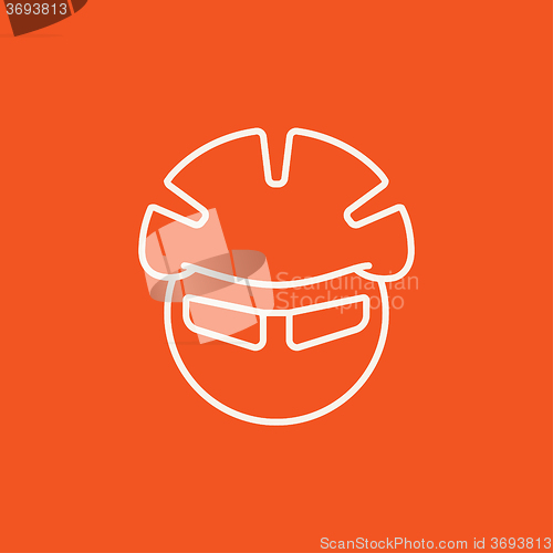 Image of Man in bicycle helmet and glasses line icon.