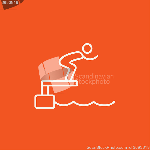 Image of Swimmer jumping from starting block in pool line icon.