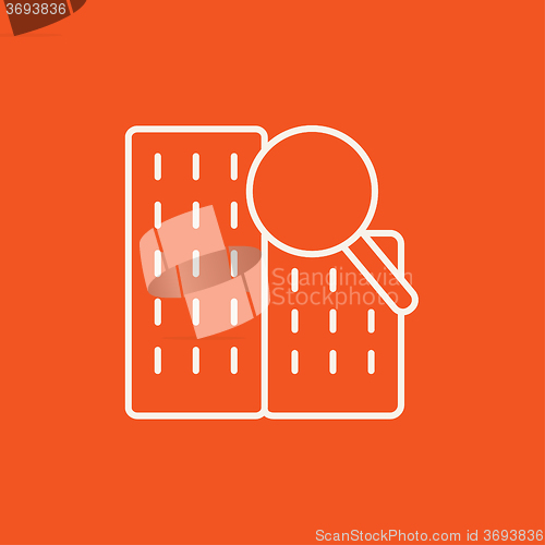 Image of Condominium and magnifying glass line icon.