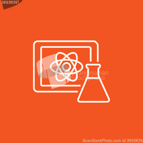 Image of Atom sign drawn on board and flask line icon.
