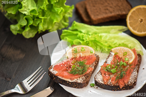 Image of Sandwich with salmon for breakfast