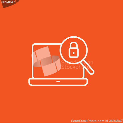 Image of Laptop and magnifying glass line icon.