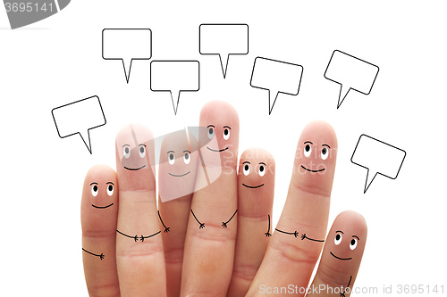 Image of Happy finger smileys with speech bubbles on white background