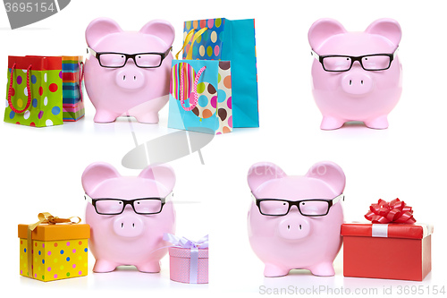 Image of Pink pig and multicolored bags