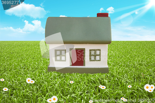 Image of Green field and cottage