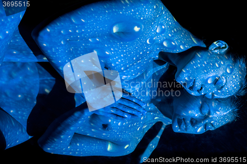 Image of The  body of woman with blue pattern and its reflection